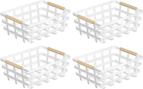 Large Metal Pantry Storage Baskets,4 Packs Farmhouse Baskets,Food Organizer Storage Bin Basket with Wood Handles for Kitchen Cabinets Shelf Pantry,White | Amazon (US)