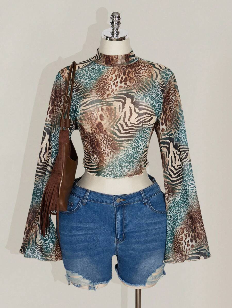 SHEIN ICON Plus Size Women Flounce Sleeve Leopard Print Music Festival Top, Holiday Style | SHEIN