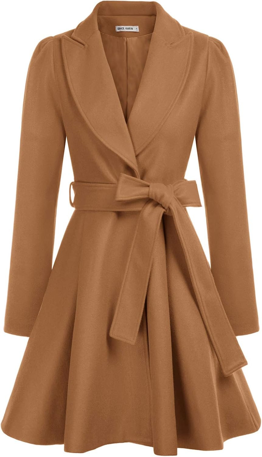 Women's Notch Lapel Long Puff Sleeve a Line Pea Coat with Self Tie Belt | Amazon (US)