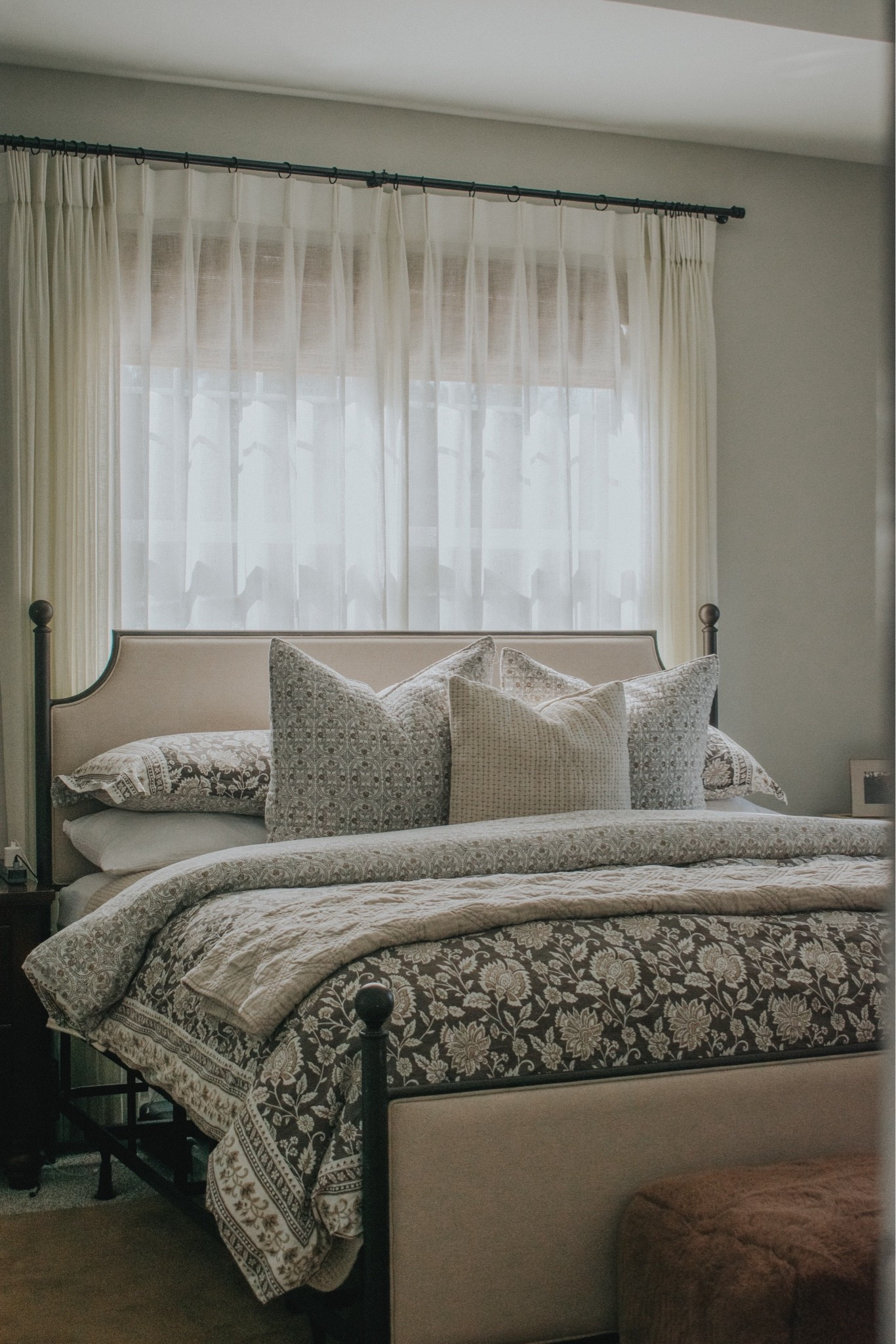 Primary bedroom; summer bedding; patterned bedding; block print; Levtex home; light and airy; sheet curtains

#LTKHome #LTKSeasonal
