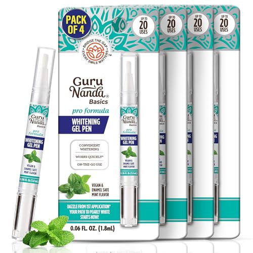 GuruNanda Teeth Whitening Pen,(0.06 fl oz)-20 Uses, Pro Formula - Hydrogen Peroxide Whitening Gel Pen, Enamel-Safe, Cruelty-Free, Vegan, Mint Flavor (Pack of 4) | Amazon (US)