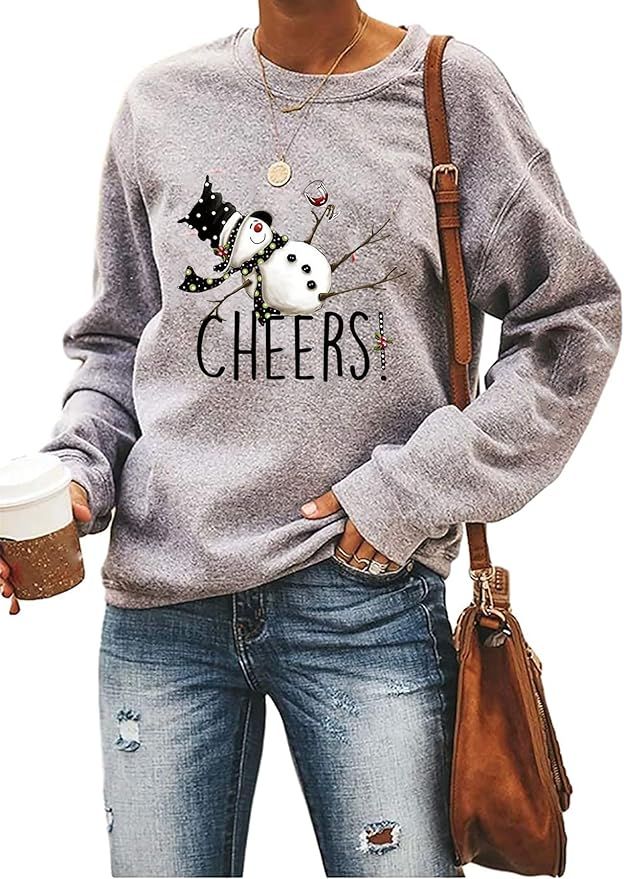 Ykomow Snowman Wine Cheers Sweatshirts Women Long Sleeve Christmas Graphic Tees Funny Xmas Tops | Amazon (US)