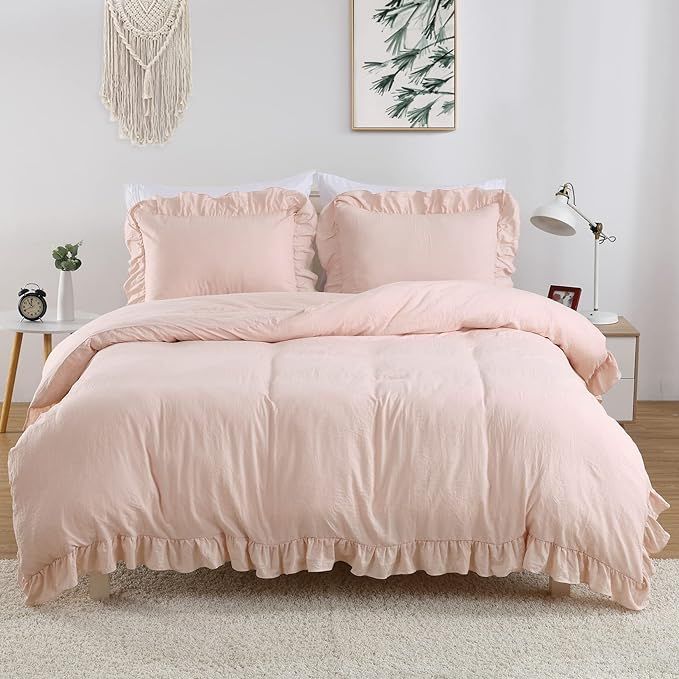 Pink Ruffled Duvet Cover Twin, 2PCS Soft Washed Microfiber Vintage French Country Duvet Cover Set... | Amazon (US)