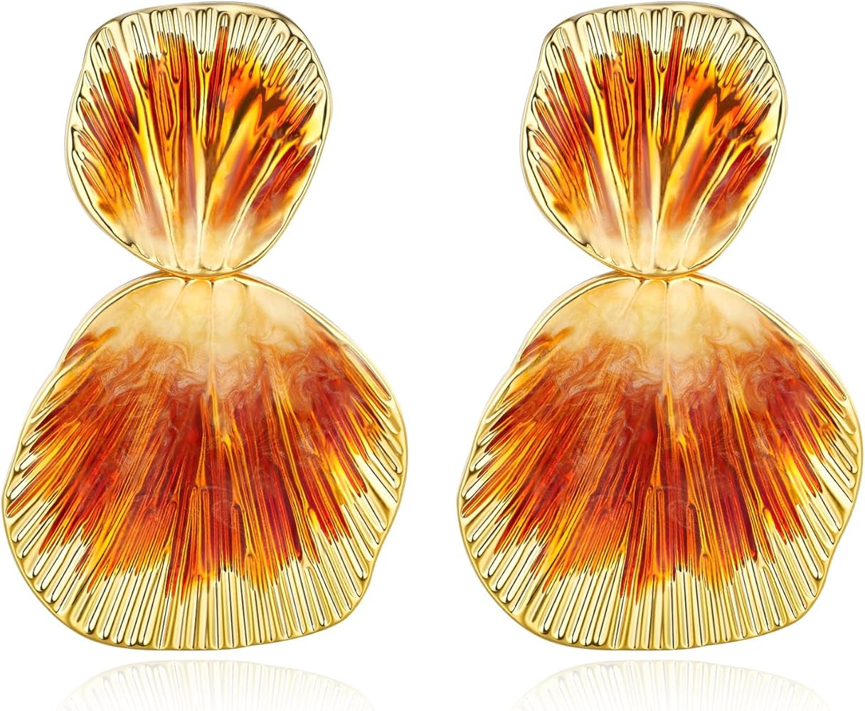 Colorful 18K gold plated Boho Chunky Leaf Floral Geometric Textured Dangling Statement Earrings f... | Amazon (US)