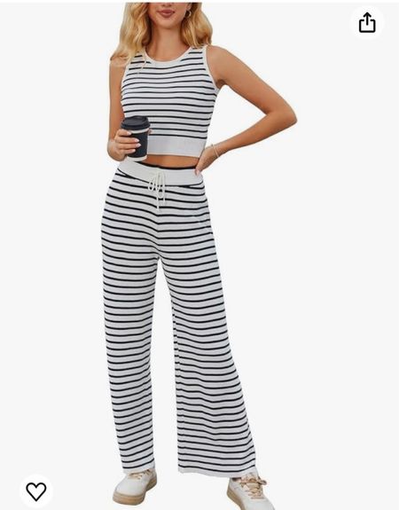 On sale $19 two piece striped sweater set. Lounge flare wide leg sweatpants and matching blue and white crop top tank top

#LTKFindsUnder50 #LTKU #LTKStyleTip