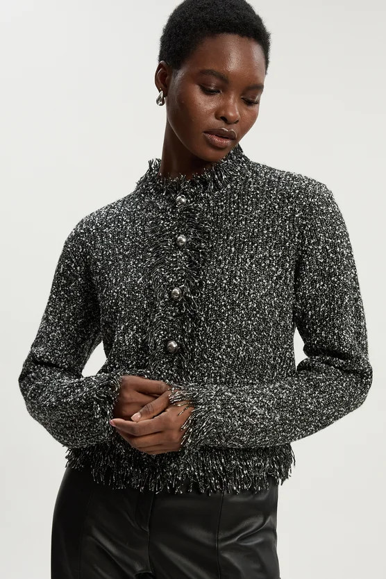 Tweed Yarn Fringe Detail Knitted Cardi | Karen Millen US