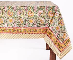 ATOSII Clover Green 100% Cotton Rectangle Fall Tablecloth, Handblock Floral Print Linen Table Clo... | Amazon (US)