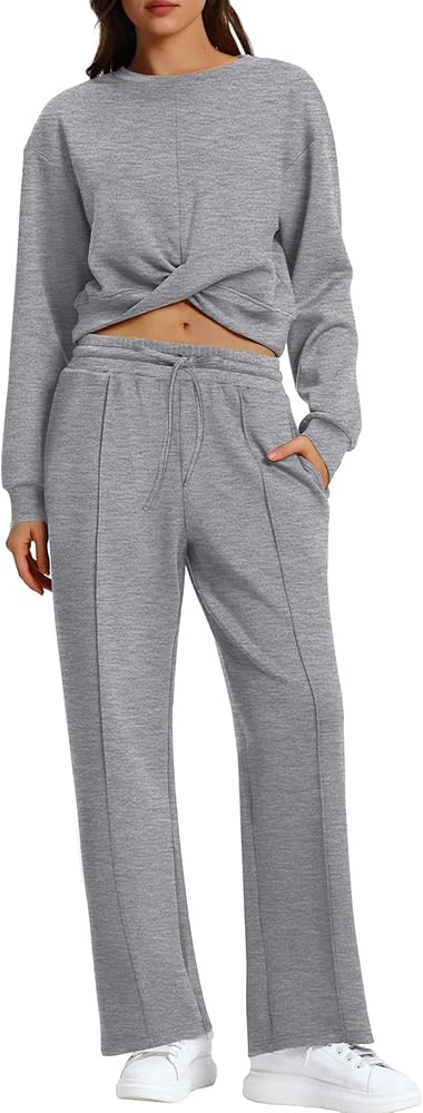 WIHOLL Women 2 Piece Lounge Sets Twist Front Cropped Sweatshirt Wide Leg Sweatpant Fall Outfits C... | Amazon (US)