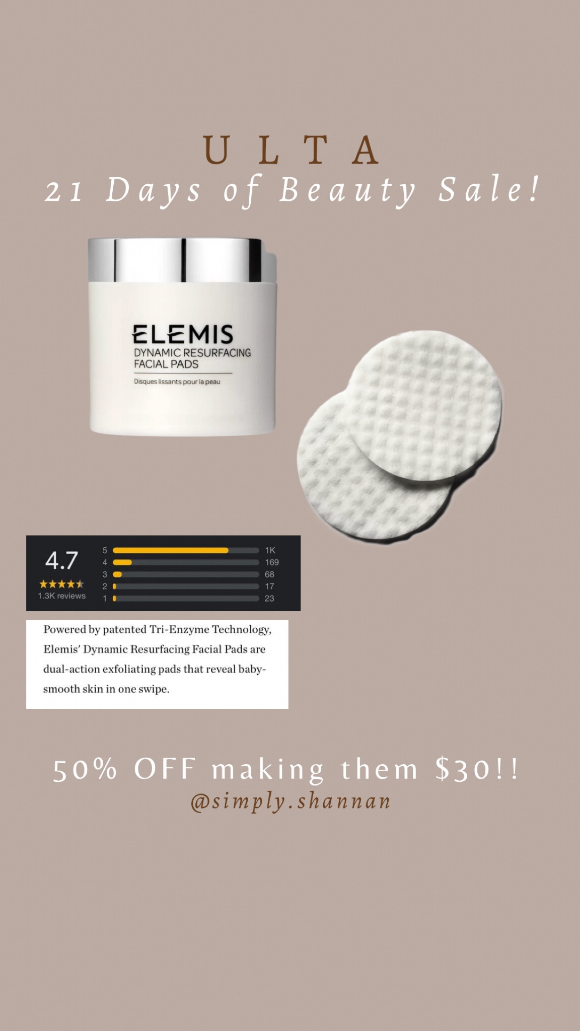 Ulta 21 day sale , 50% off Elemis Pads 🖤



#LTKunder50 #LTKsalealert #LTKbeauty