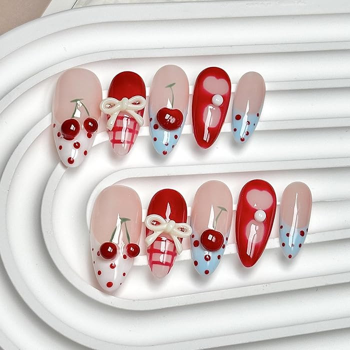 Medium Press on Nails Almond - Handmade Fake Nails with 3D Bow Cherry Design - Red Full Cover Glu... | Amazon (US)