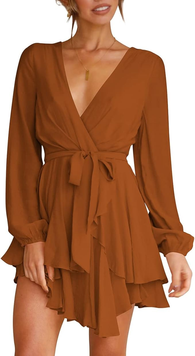Cosonsen Women's Dress Deep V-Neck Long Sleeve Waist Tie Ruffle Mini Swing Skater Dresses | Amazon (US)