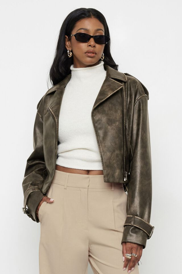 Faded Faux Leather Biker Jacket | Dynamite Clothing