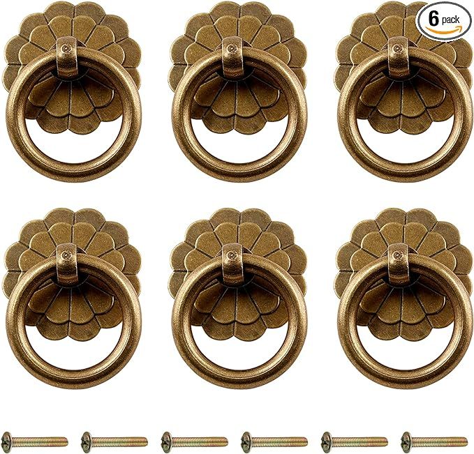 Zorfeter 6Pcs Antique Brass Ring Pulls Vintage Cabinet Small Ring Pulls Knobs Handles for Drawer ... | Amazon (US)