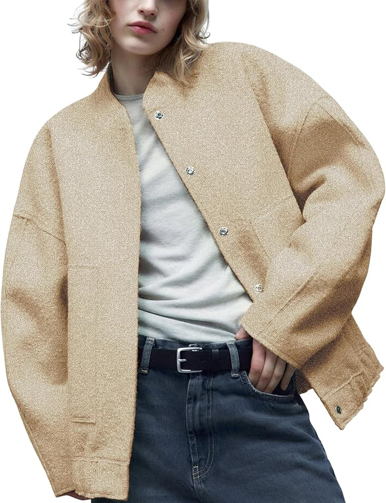 Yeokou Womens Wool Blend Bomber Jacket Fleece Outerwear Casual Oversized Button Down Coat with Po... | Amazon (US)