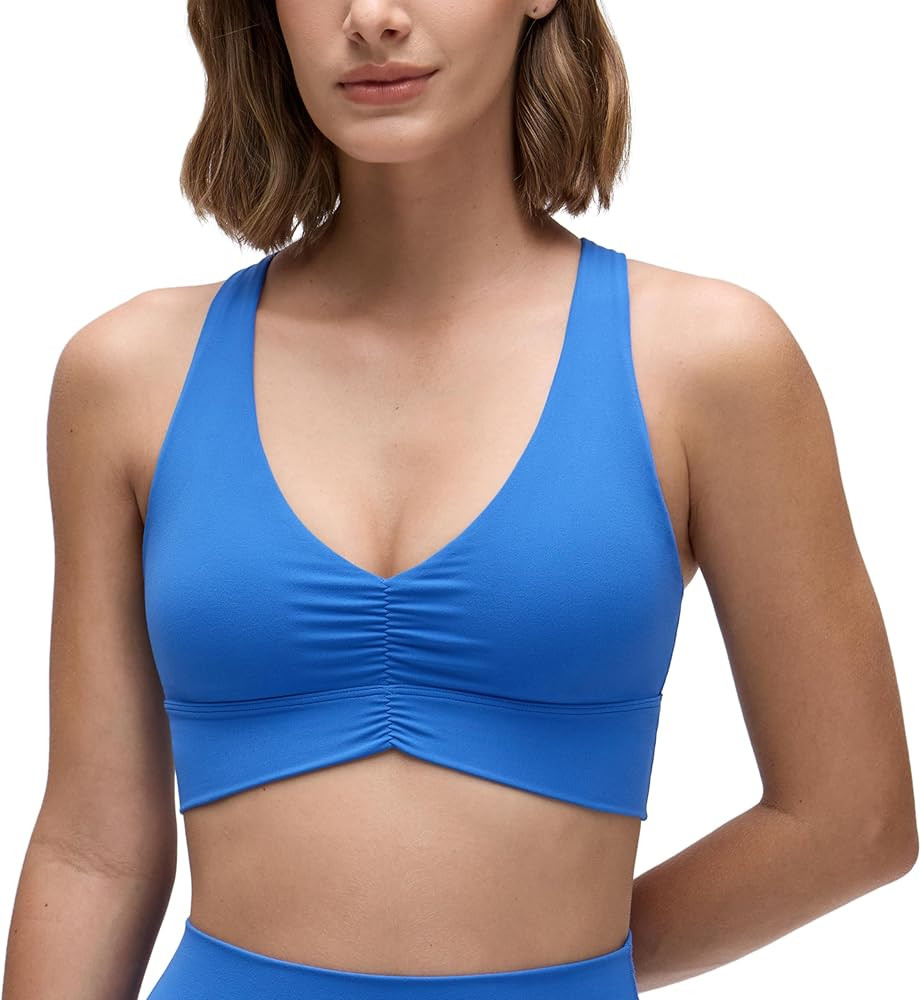 CRZ YOGA Butterluxe Ruched Longline Sports Bras for Women - V Neck Padded Yoga Tank Wide Straps C... | Amazon (US)