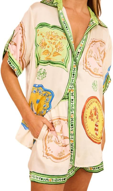 NUFIWI Vintage Graffiti 2 Pieces Shorts Sets for Women Floral Fruit Print Short Sleeve Shirt and ... | Amazon (US)