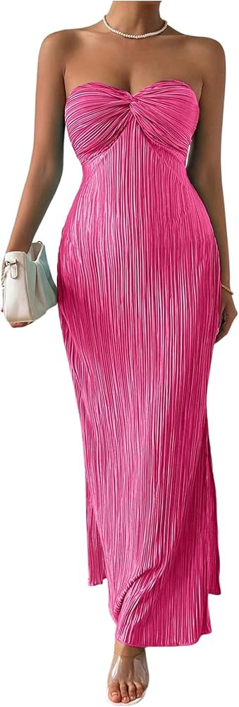 Milumia Women's Twist Front Strapless Bodycon Dress Summer Split Thigh Maxi Tube Dresses Vacation... | Amazon (US)