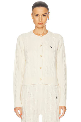 Sporty & Rich Cable Knit Cashmere Cardigan in Cream & Navy | FWRD | FWRD 