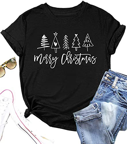 Merry Christmas Shirt for Women Christmas Tree Tees Tops Letter Xmas Tree Graphic Print Female T Shirt (Black1,X-Large) | Amazon (US)