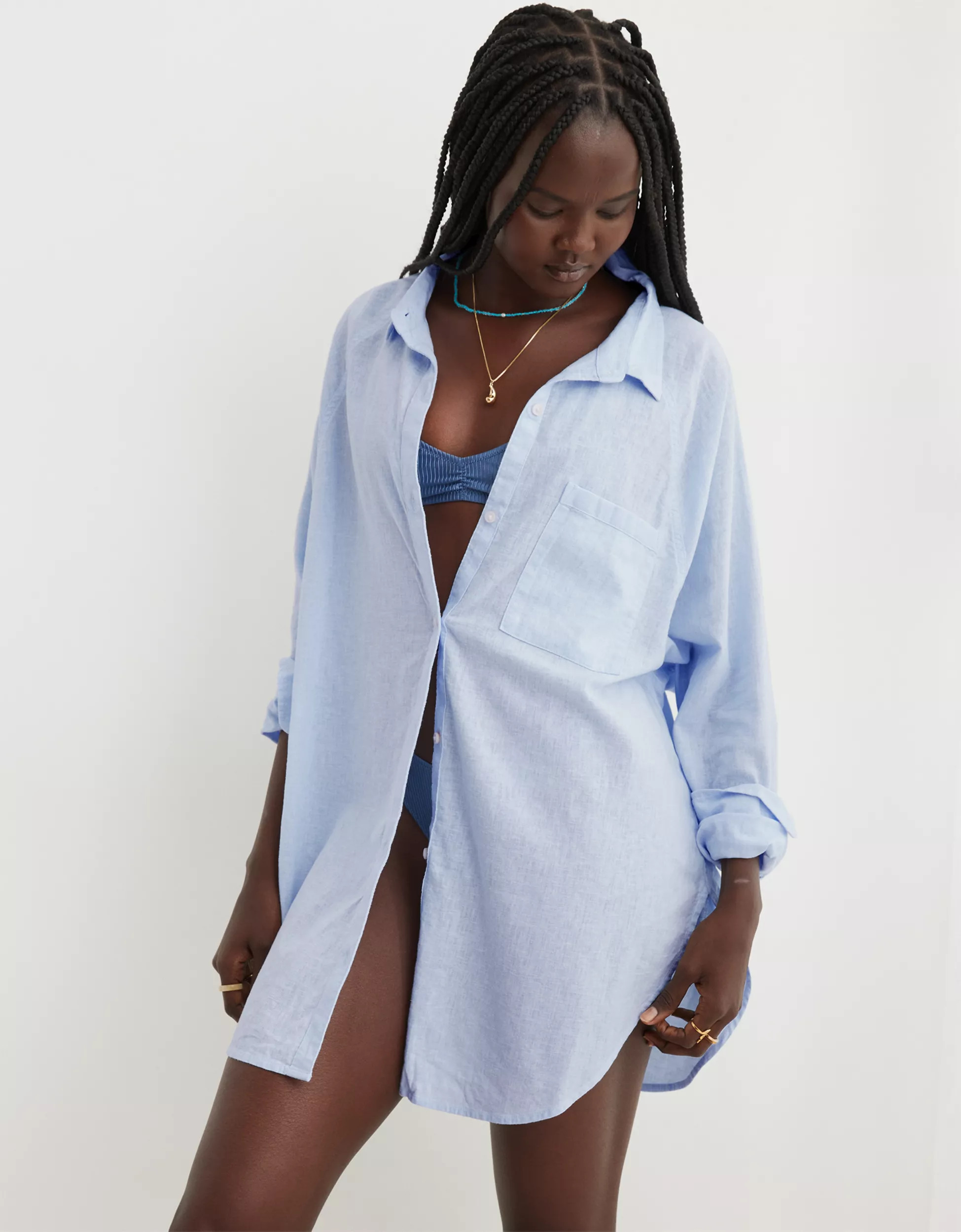 Aerie Pool-To-Party Linen Blend Cover Up Shirt | Aerie