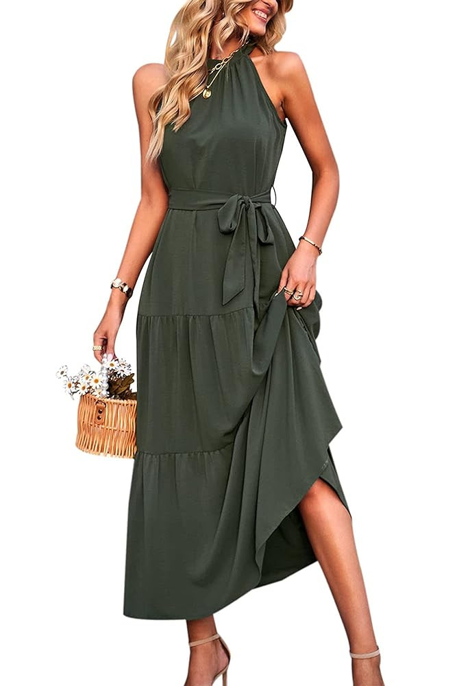 PRETTYGARDEN Women's Summer Floral Maxi Sun Dress Sleeveless Halter Neck Flowy Ruffle Hem Long Bo... | Amazon (US)