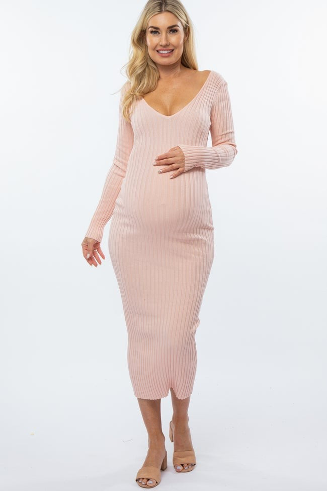 Pink V-Neck Long Sleeve Fitted Maternity Maxi Dress | PinkBlush Maternity