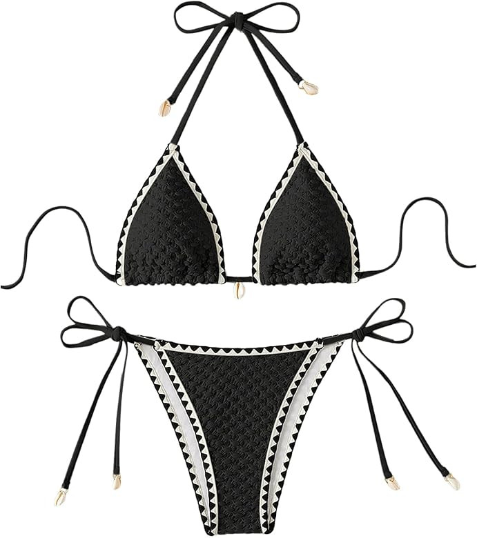 SHENHE Women's 2 Piece Triangle Beach Bikini Sets Color Block Halter Swimsuit Bathing Suit | Amazon (US)