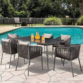 Milsen Dark Gray 7-Piece Metal Rectangle Outdoor Dining Set with Light Gray Cushion | The Home Depot