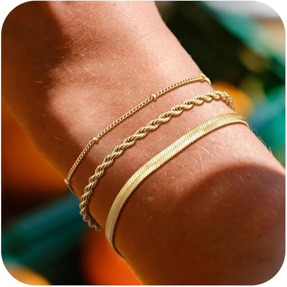 Layered Bracelets Bracelets Set for Women 14K Gold Plated/Silver Dainty Link Chain Bracelet Stack... | Amazon (US)