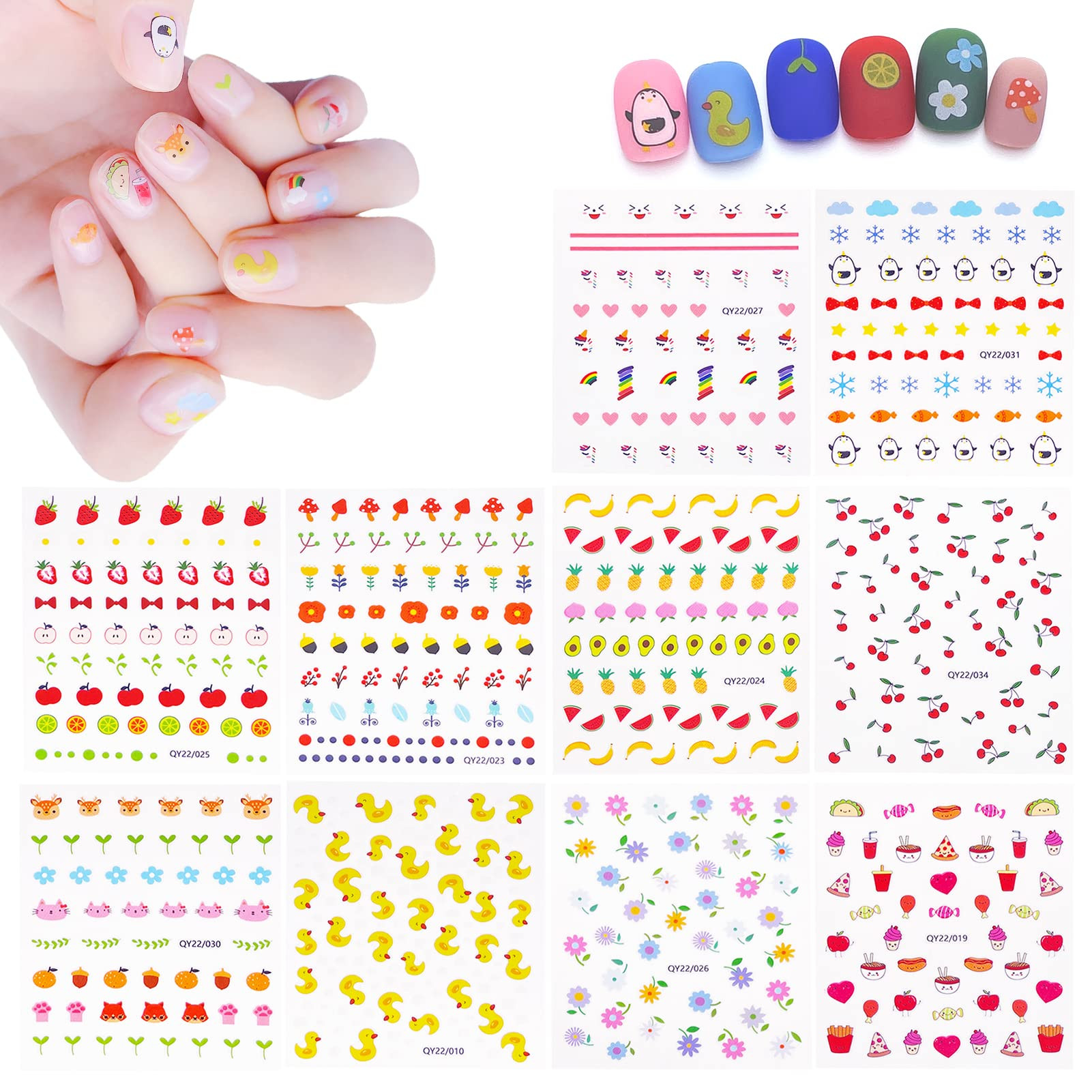 10 Sheets Cute Nail Stickers for Kids Including Animals Fruits Flowers Food Rainbow Leaves Design... | Amazon (US)
