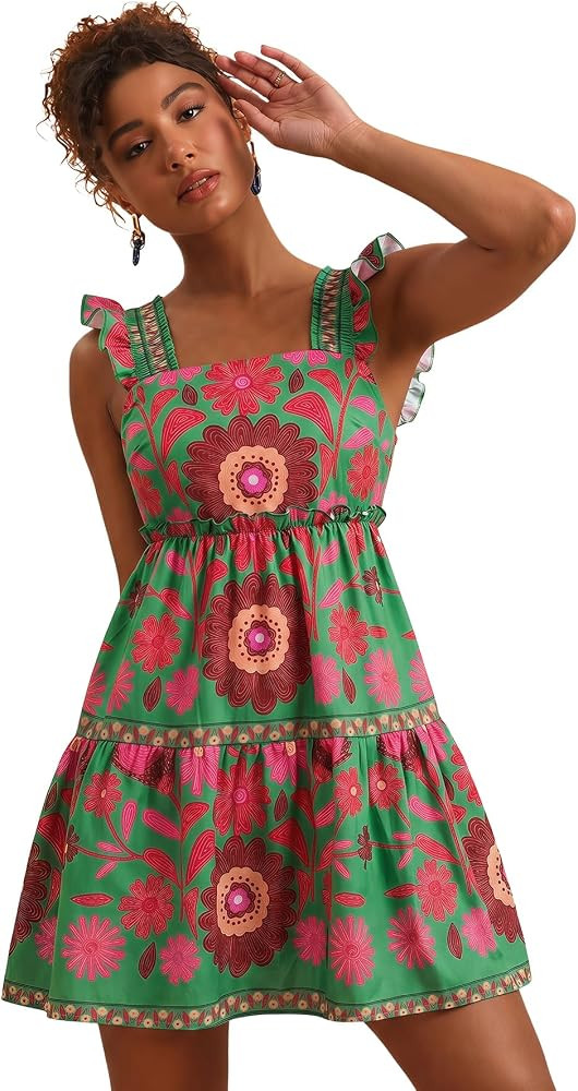 RoseSeek Women's Floral Tropical Graphic Short Dress Boho Ruffle Hem Sleeveless Vacation Tank Dre... | Amazon (US)