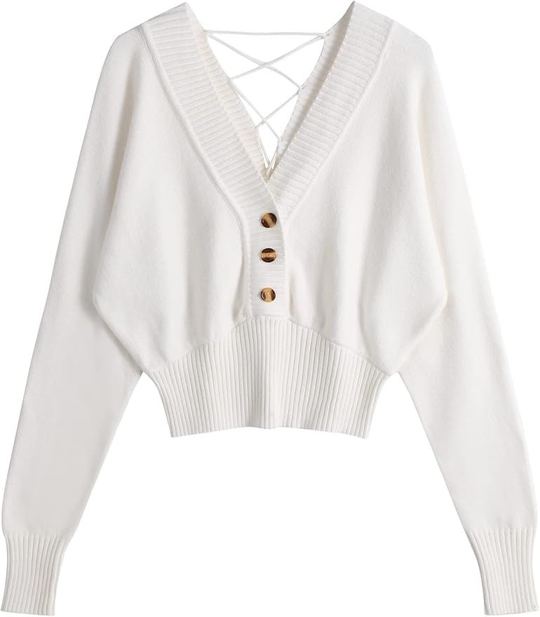 ZAFUL Women V Neck Button Knit Crop Sweaters Batwing Sleeve V Back Ribbed Hem Pullover Sweater | Amazon (US)