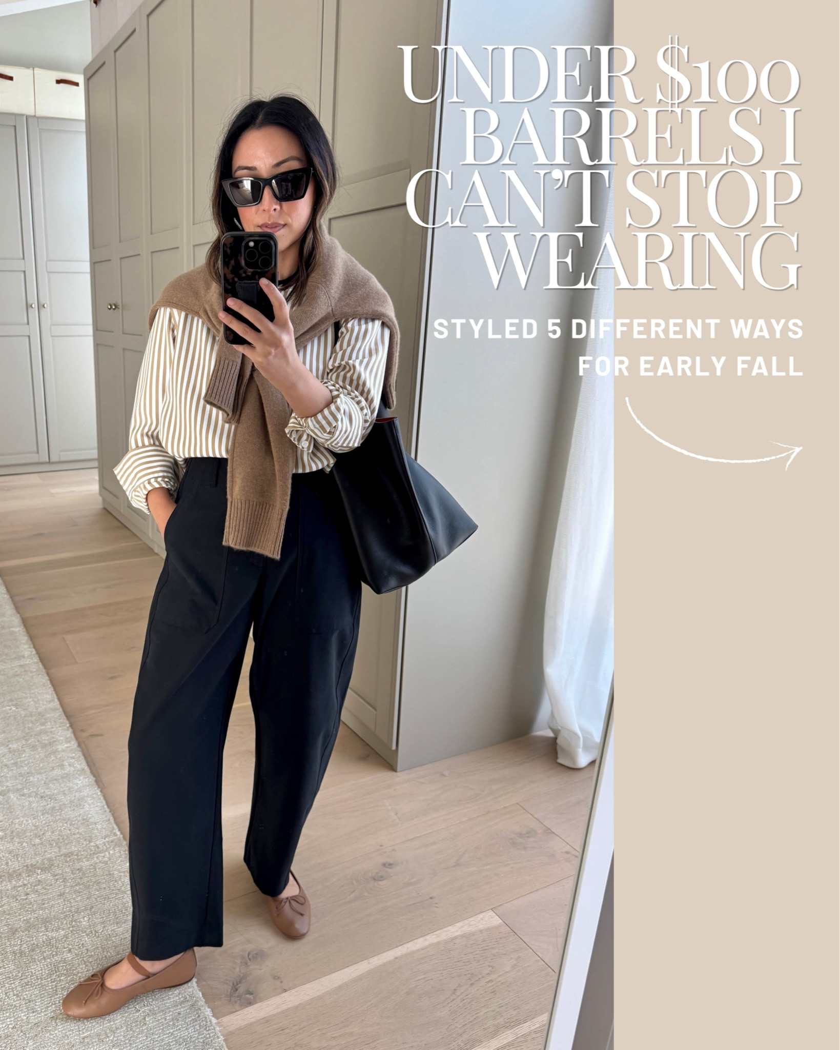Slight barrel pants that are perfect for work, but so easy to wear casually too. Great shape, comfortable, and petite-friendly.

Look 1:
Reformation button down xs - old, linked similar 
Quince sweater xs 
Athleta Skyline barrels 2 petite 
Loeffler Randall’s flats 5 
Mansur Gavriel tote 

Look 2:
Everlane tee medium
Everlane cashmere sweater xs
Athleta pants petite 2
Oak + Fort Trench xxs beige
Loeffler Randall flats 5.5
Mansur Gavriel tote - color is old
YSL sunglasses
Electric Picks earrings

Look 3:
Tuckernuck top medium 
Athleta barrels 2 petite 
Everlane flats 5 
Cuyana tote large dark chestnut

Look 4:
Madewell jacket xs - old, linked similar
Aritzia tee medium
Athleta Skyline pants 2 petite
Adidas sneakers 5
Mansur Gavriel tote
YSL sunglasses
Electric Picks earrings

Look 5:
Le Bop tee medium 
Athletes pants petite 2 
Loeffler Randall flats 5.5 
Quince sweater xs 
Mansur Gavriel tote - color is old

#LTKmomlife #LTKPetite #LTKOver40