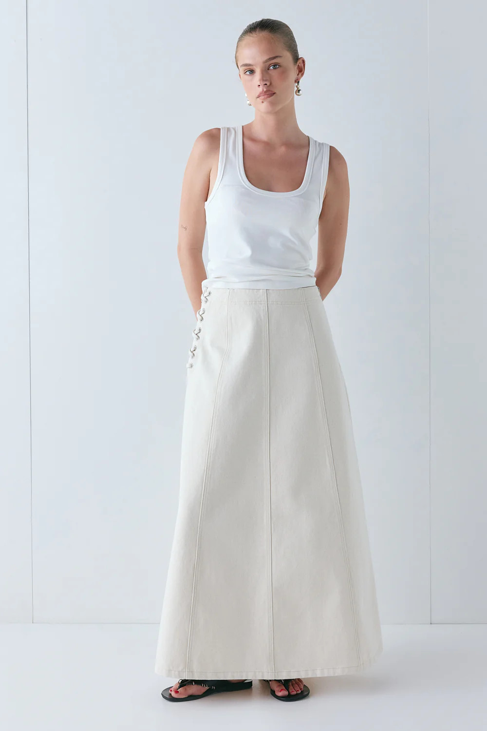 Eve Denim Midi Skirt Cream | VRG Grl
