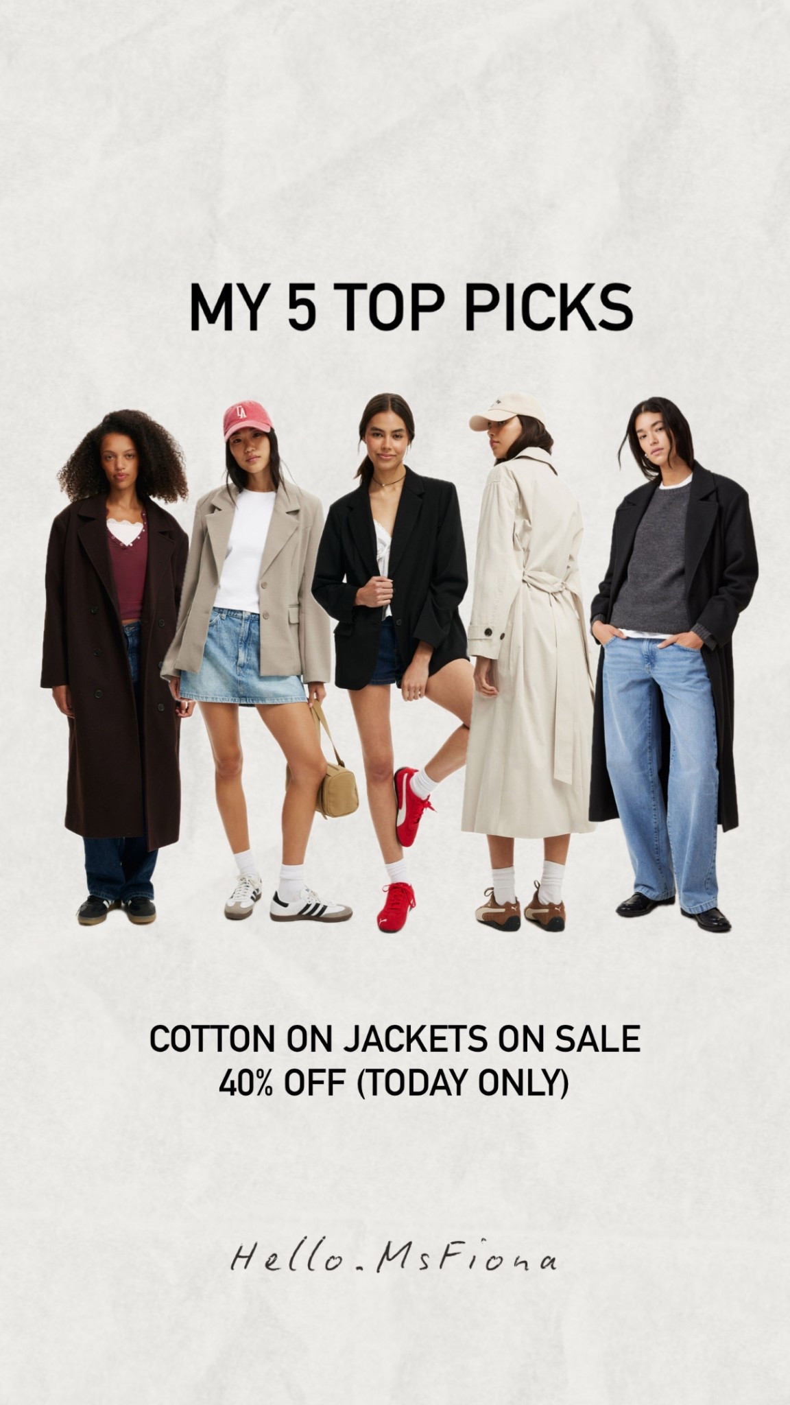 Today only 40% off Jackets. These are my Top 5 favourites #jackets #trenchcoats #woolcoat #blazer #cottonon #autumseason #winterseasons 

#LTKaustralia #LTKsale #LTKmodest
