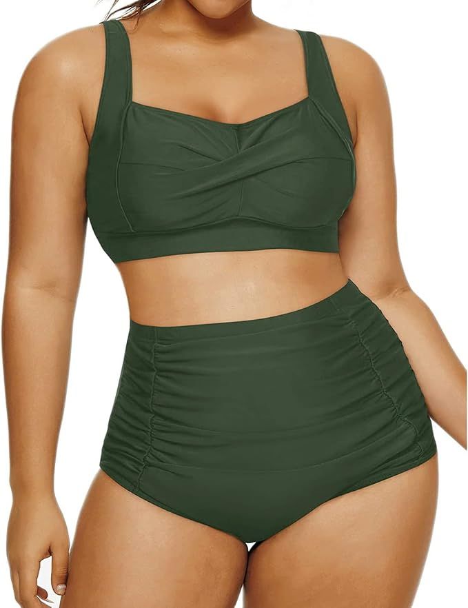 Daci Women Two Piece High Waisted Plus Size Swimsuits Vintage Twist Front Retro Bikini Bathing S... | Amazon (US)
