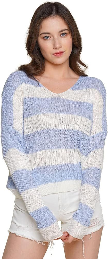 Striped Light Knit Cropped V Neck Sweater | Amazon (US)