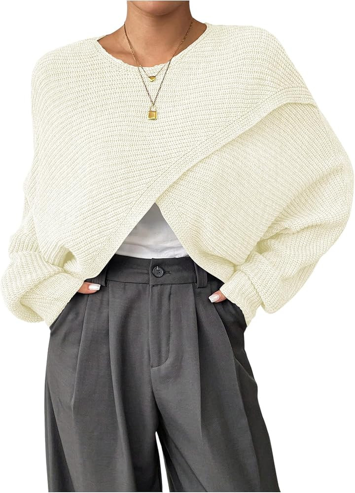 Verdusa Women's Lightweight Asymmetrical Wrap Fall Sweater Tops Old Money Puff Sleeve Cropped Swe... | Amazon (US)