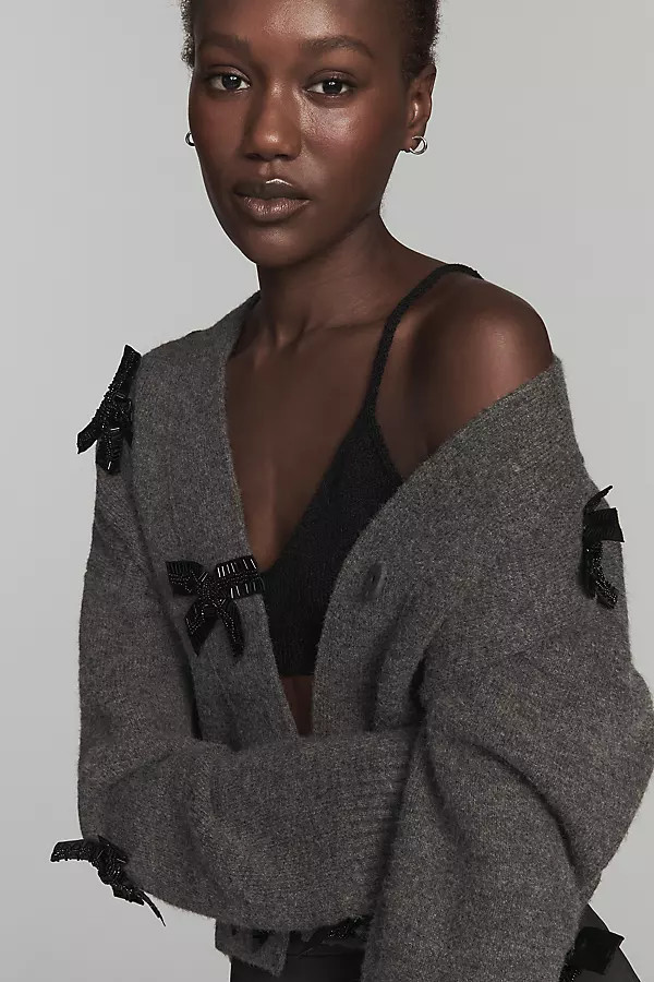 English Factory Bow-Embellished Crop Cardigan Sweater | Anthropologie (US)