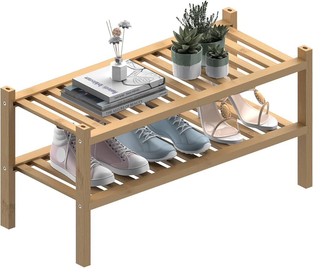 (Thick Bamboo Shoe Rack for Entryway, 2-Tier Free Standing Shoe Racks Stackable Shoe Rack Organiz... | Amazon (US)