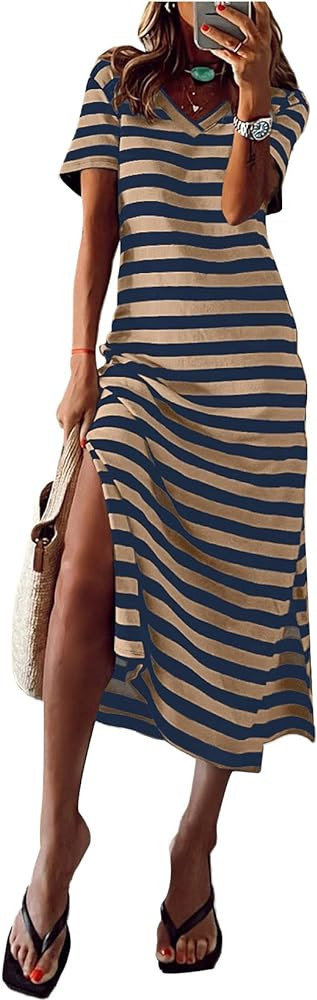 MARZXIN Women 2024 Casual Maxi Dress Short Sleeve V Neck Stripe Sundress Split Loose Long Summer ... | Amazon (US)