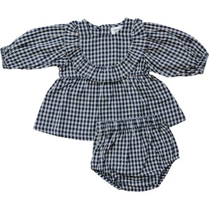 Mebie Baby Gingham Long Sleeve Ruffle Linen Dress | Mebie Baby