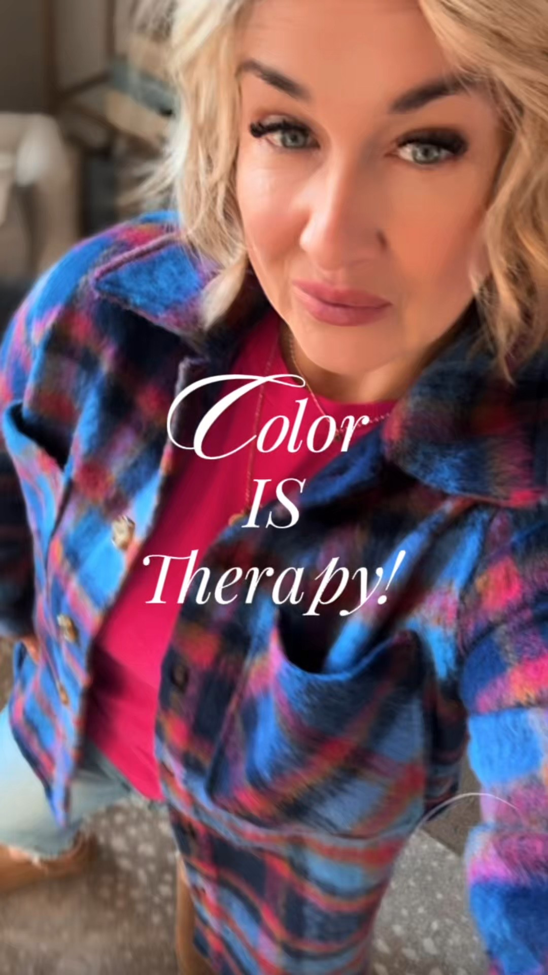 Color therapy, but make it cozy. 💙💗
Sometimes all you need is a bold jacket and a bright top to lift your mood and carry you through the day. Midlife style is all about wearing what makes you feel alive — and today, color is the cure. 
midlife style inspiration, colorful winter outfit, women over 40 fashion, cozy plaid jacket, bright casual look, everyday outfits for women 45+, cheerful winter style, midsize fashion ideas, bold color outfit
