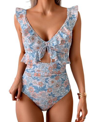 Eomenie One Piece Swimsuit for Women Tummy Control Ruffle Bathing Suit V Neck Ruched Swim Suit Slimming Cutout Swimwear Orange Floral | Amazon (US)