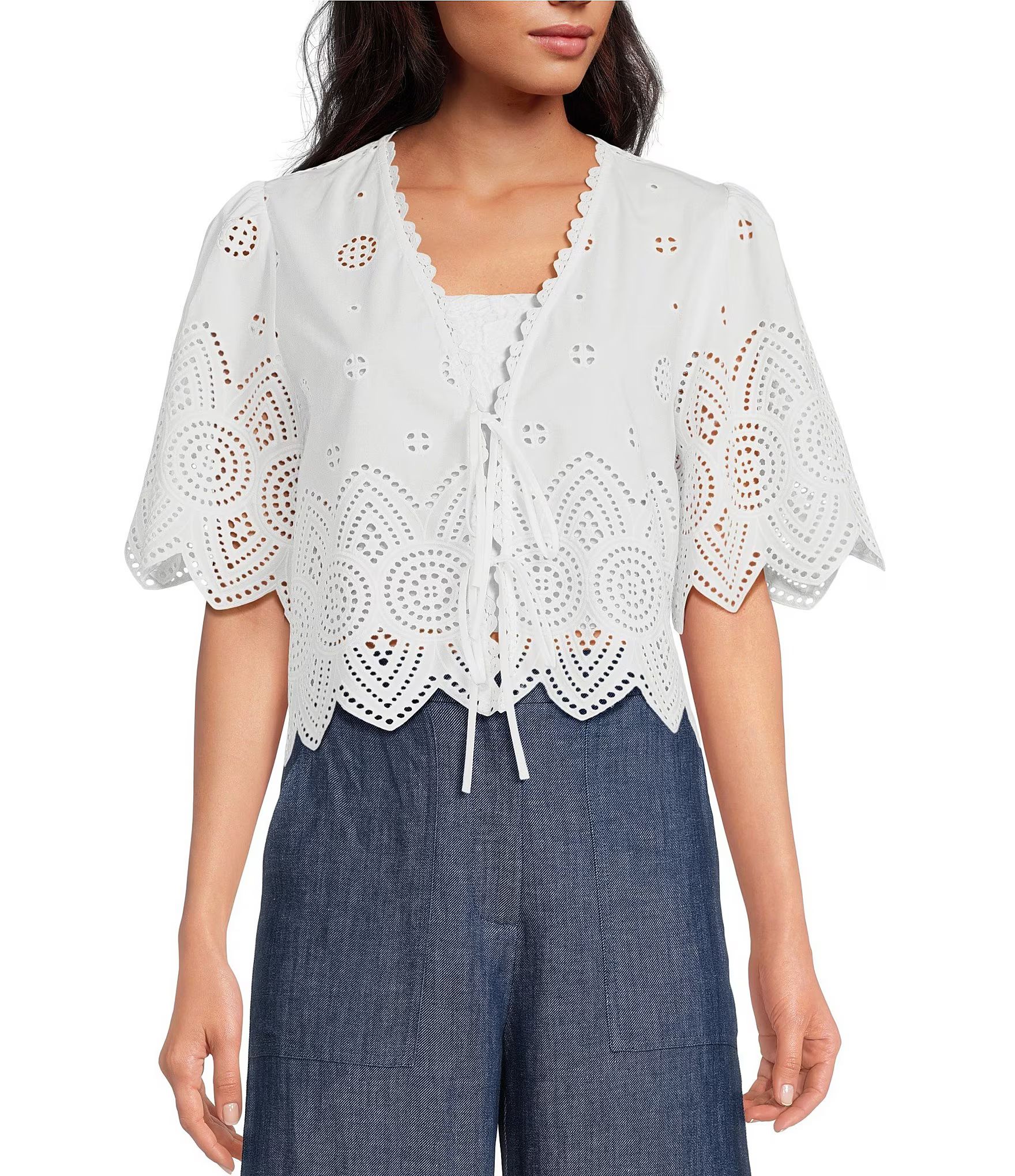 Lucy Paris Lace Embroidered V-Neck Short Sleeve Tie Front Top | Dillard's | Dillard's