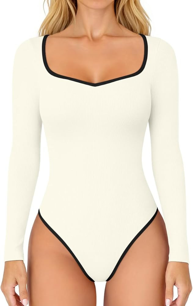 OQQ Women Bodysuit Contrast-Trim Square Neck Long Sleeve Stretch Bodysuit Tops | Amazon (US)