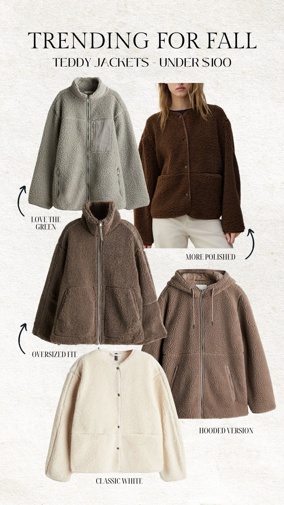 Teddy jackets under $100 🤩 perfect for fall!

Fuzzy jacket, Sherpa jacket, Teddy jacket, fall outfits, fall fashion, fall style, trending, brown jacket, white fuzzy jacket, green jacket, lightweight jacket, fleece jacket, fuzzy coat, Sherpa coat, H&M, Christine Andrew 

#LTKStyleTip #LTKSeasonal #LTKFindsUnder50
