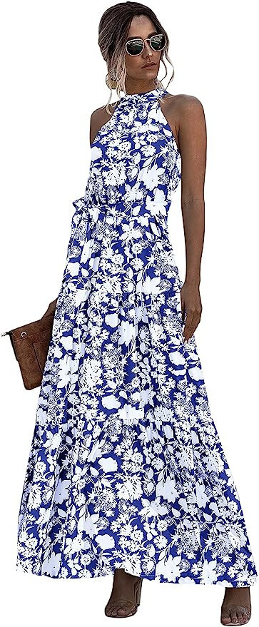 Floerns Women's Sleeveless Halter Neck Vintage Floral Print Maxi Dress | Amazon (US)