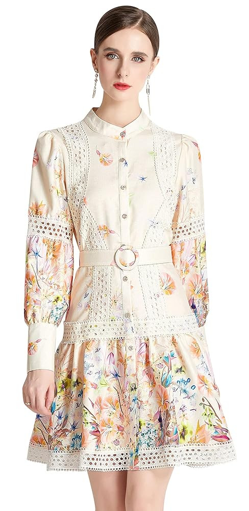 LAI MENG FIVE CATS Women's Hollow Out Floral Print Lantern Sleeve Button Casual Mini Dress | Amazon (US)