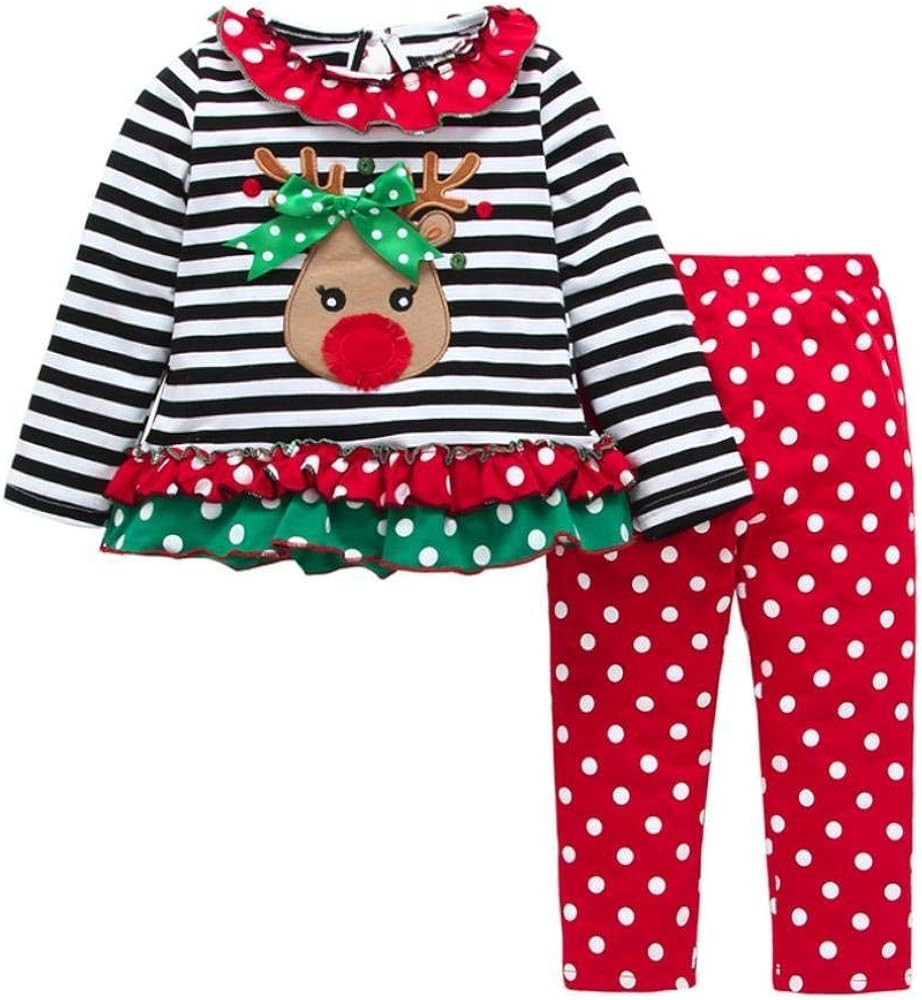 Noubeau Christmas Outfit Toddler Infant Baby Girls Ruffle Top Clothes Set Deer Print Shirt Dress ... | Amazon (US)